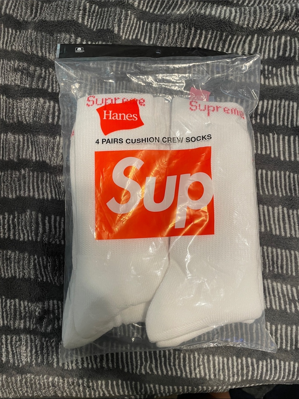Hanes White Crew Cushion Socks with Red Logo - 4 Pairs